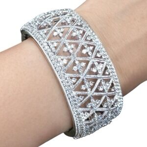 Silver Tone Rhinestone Crystal Hinged Cuff Bracelet Filigree Lattice Wide Bangle